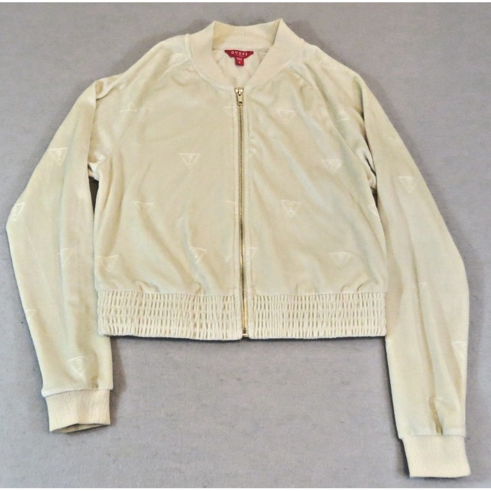 Guess Vintage Inspired Plush Soft Touch Cream Cropped Bomber Jacket Women's M
